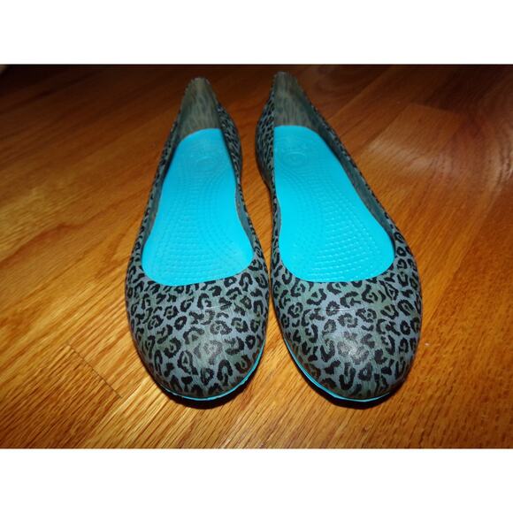 Vtg Crocs gray/teal leopard‎ ballet flats size 7 Excellent No tears Boho Retro - Picture 1 of 3
